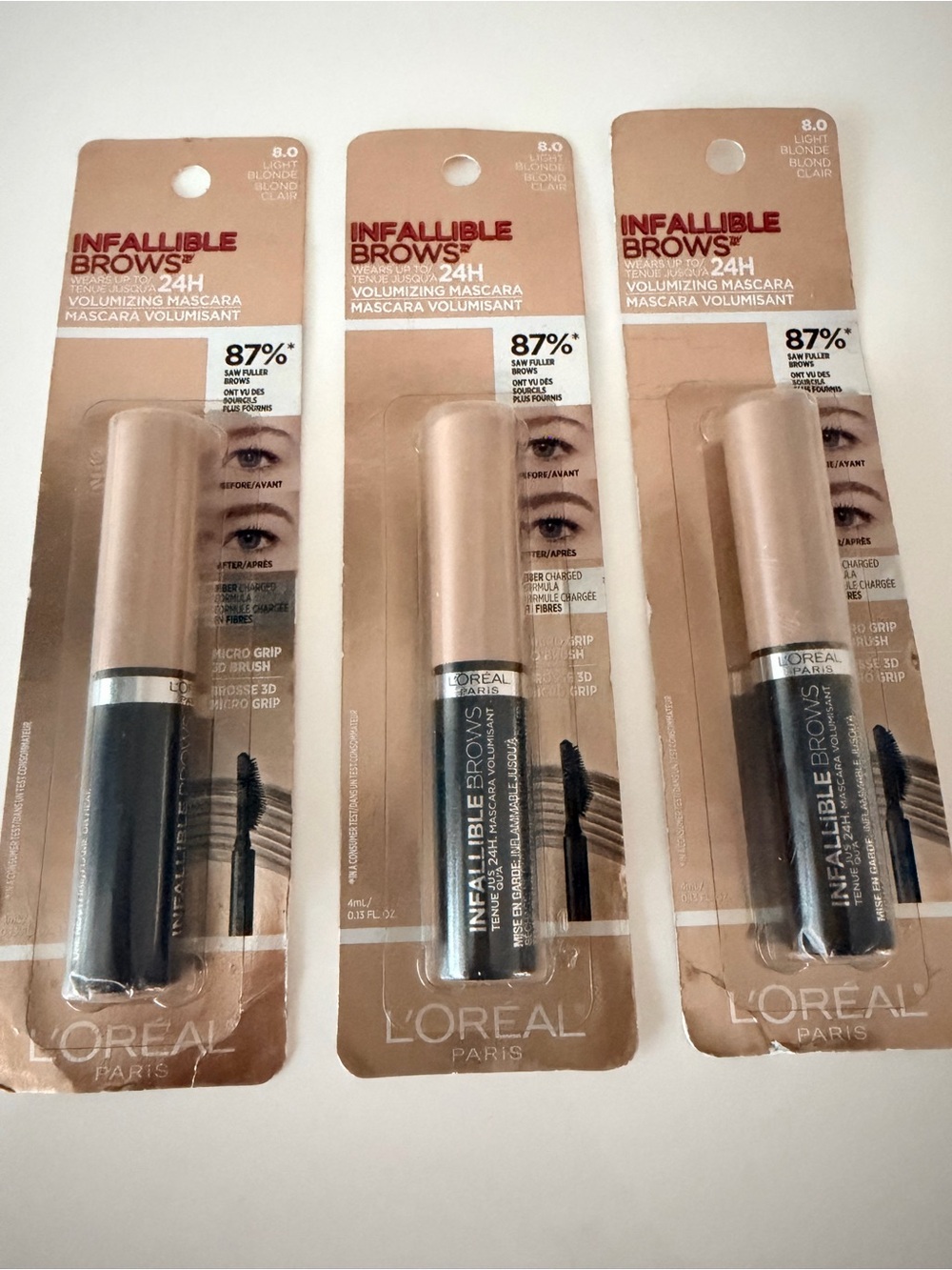 3 pack of L'Oréal Paris Infallible Brows 24H Volumizing Mascara 8.0 Light Blonde